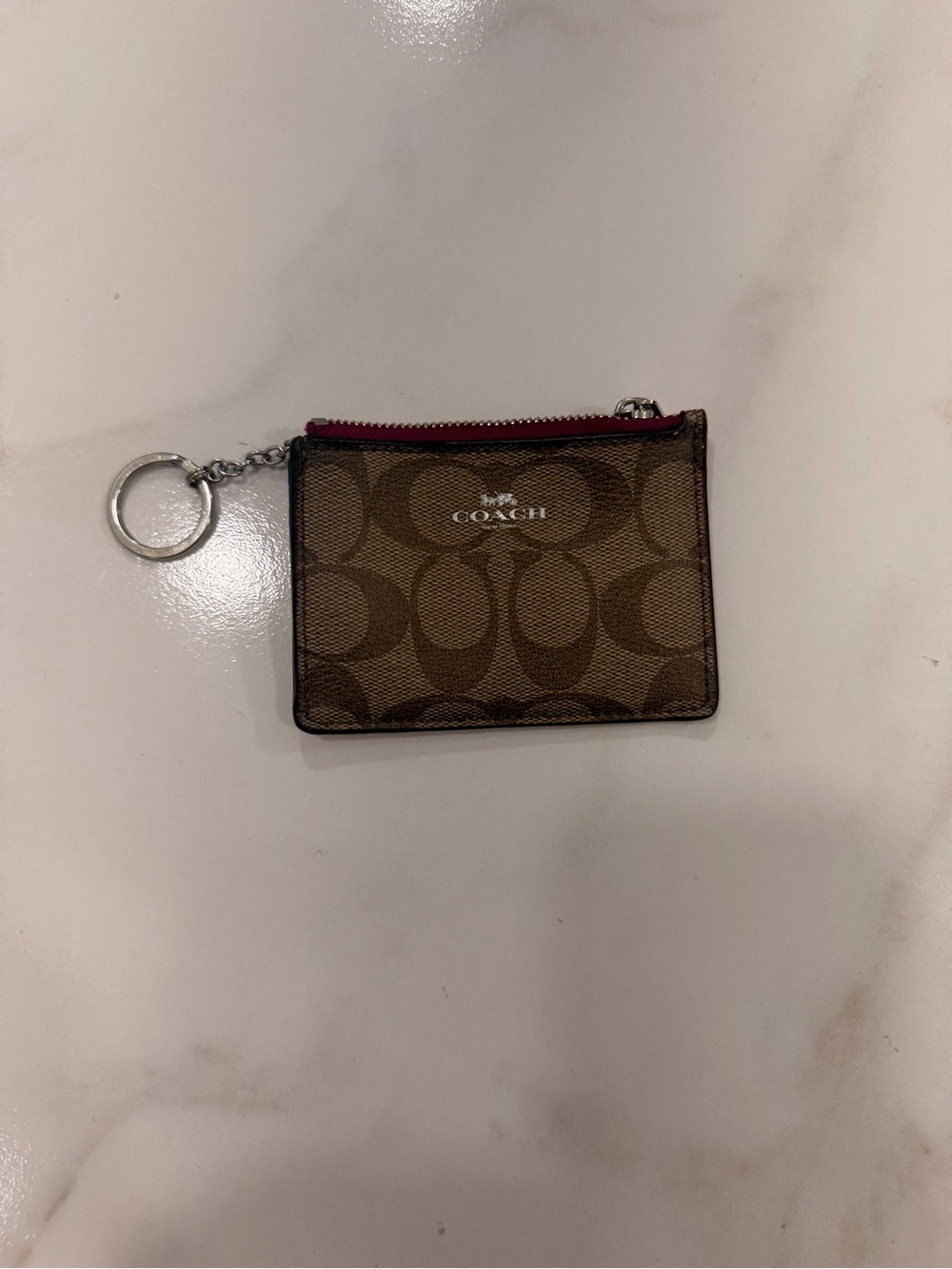 Coach Brown Signature Card Case with Red Zip and Key Ring